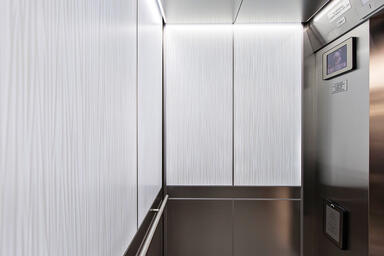 LEVELe Elevator Interior with LightPlane Panels in VIviGraphix Graphica glass