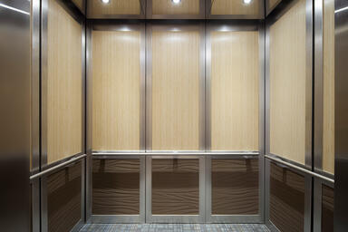 LEVELc-2000N Elevator Interior with upper panels in Bamboo wood veneer